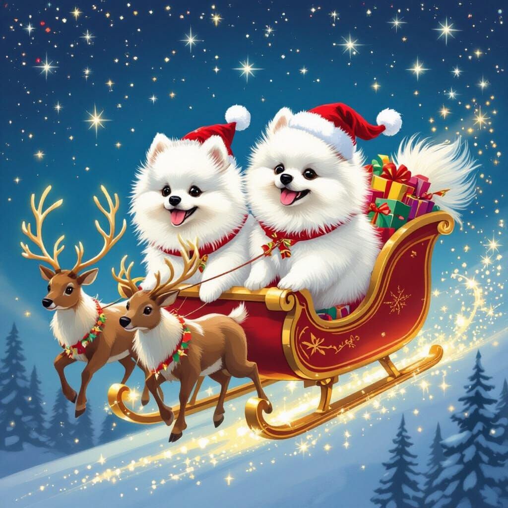 Fluffy Pomeranians Fly Santa's Sleigh in Starry Sky