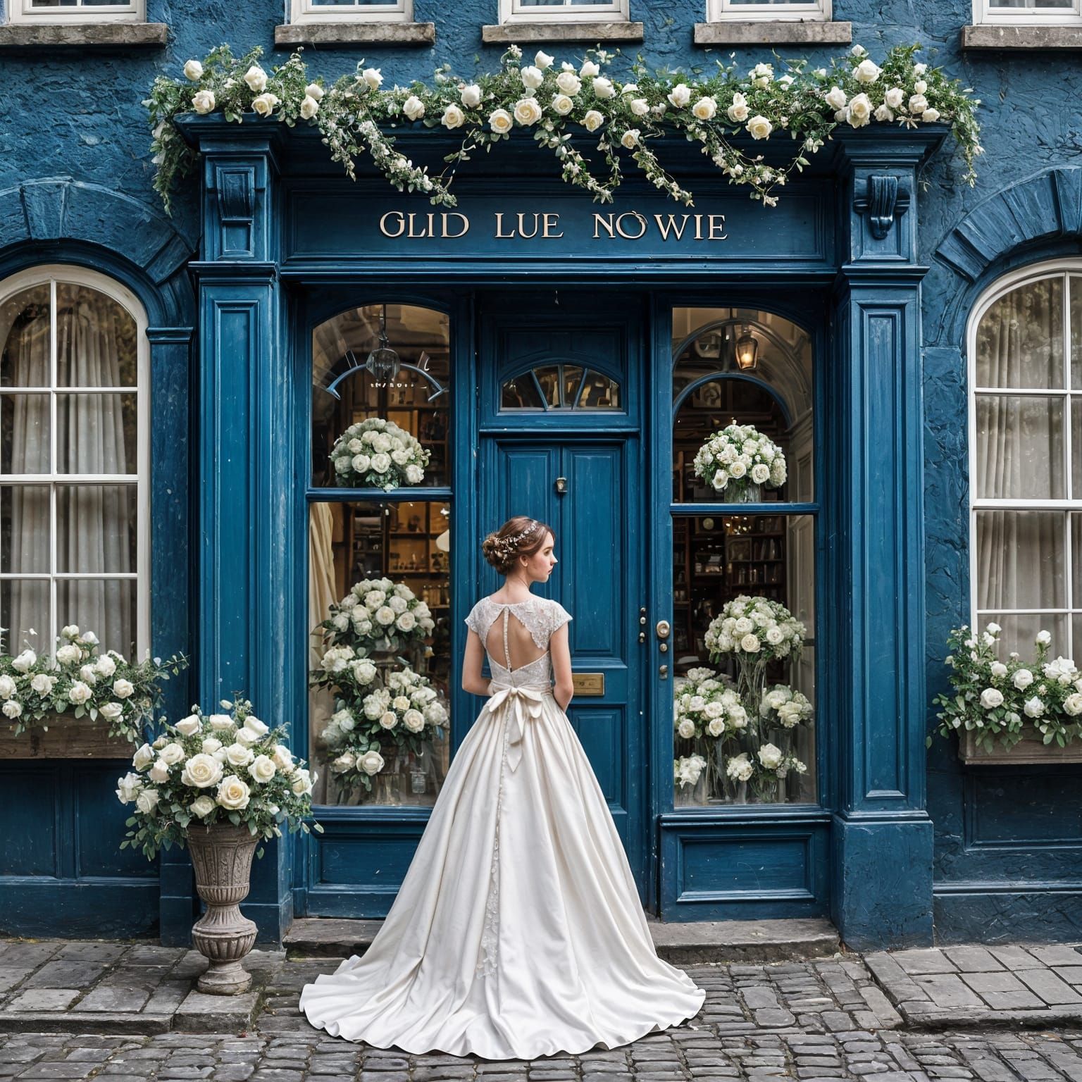 Vintage Wedding Dress Shop on Cobblestone Street