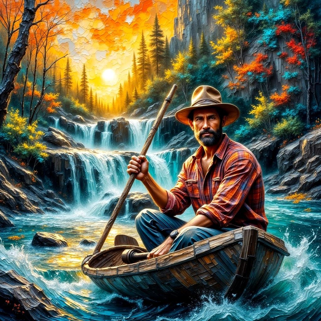 Impasto Landscape Painting of a Man in a Canoe Beside a Maje...