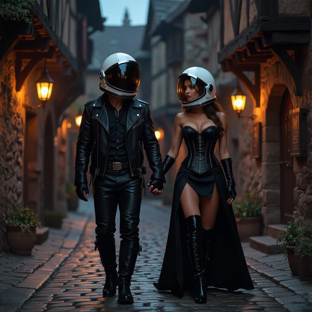 Couple in Leather and Astronaut Helmets Walk Down Medieval A...