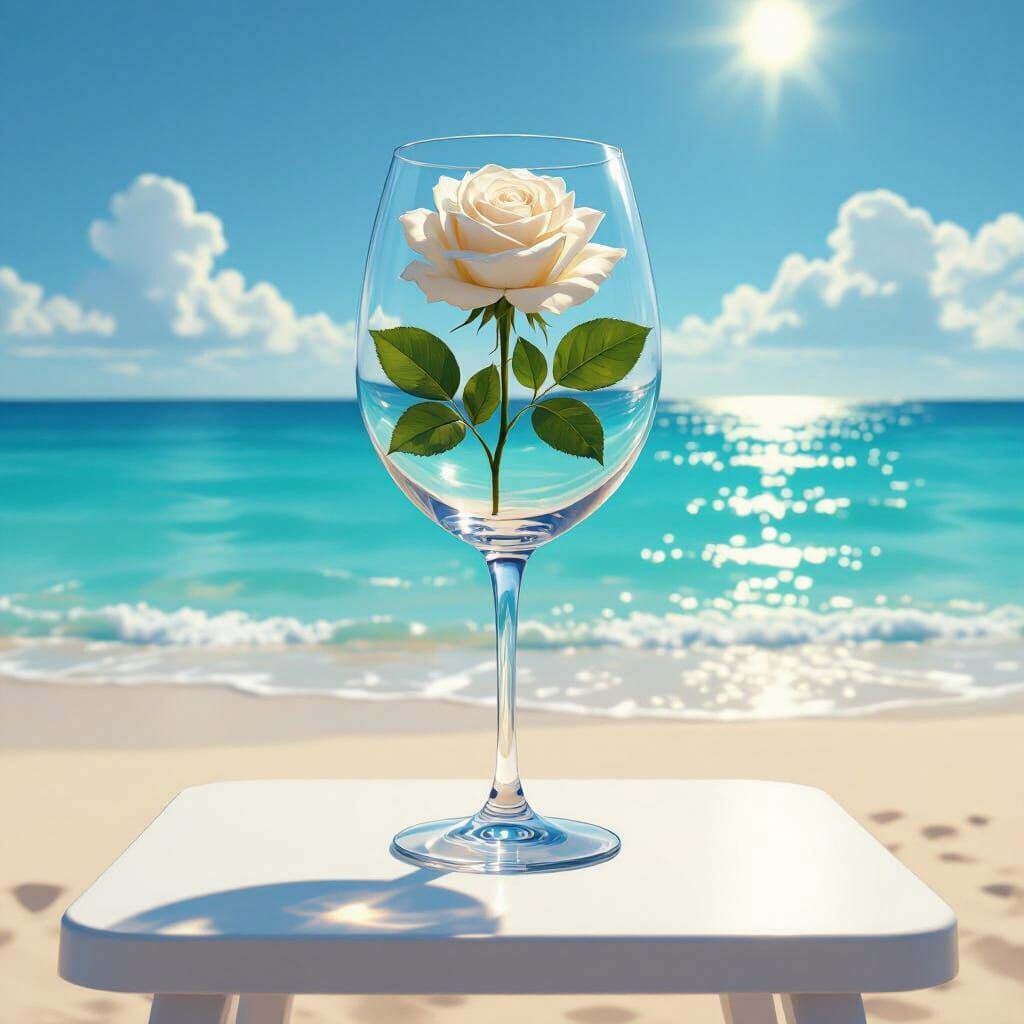 Hyper-Realistic Rose in Wine Glass on Beach