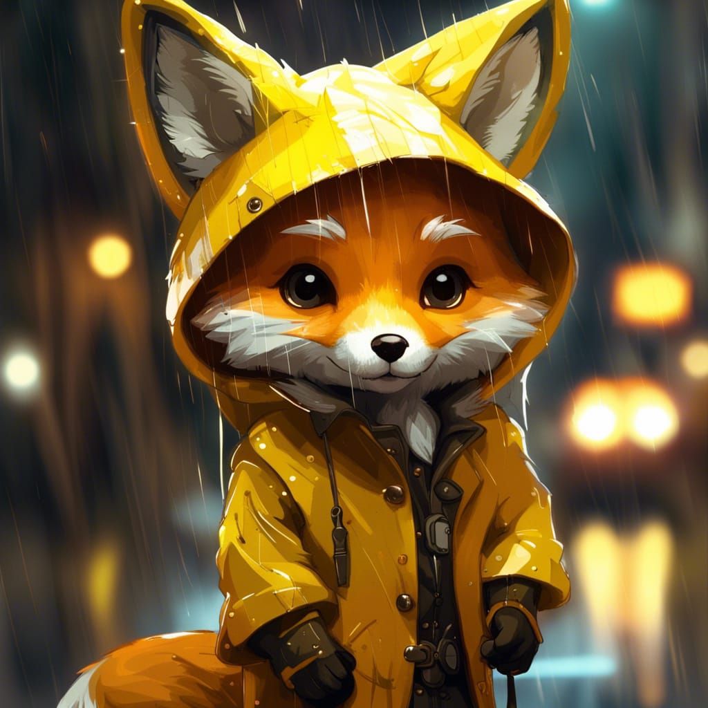 portrait chibi adorable furry fox wearing a yellow raincoat : street view: "smooth soft fluffy fur"