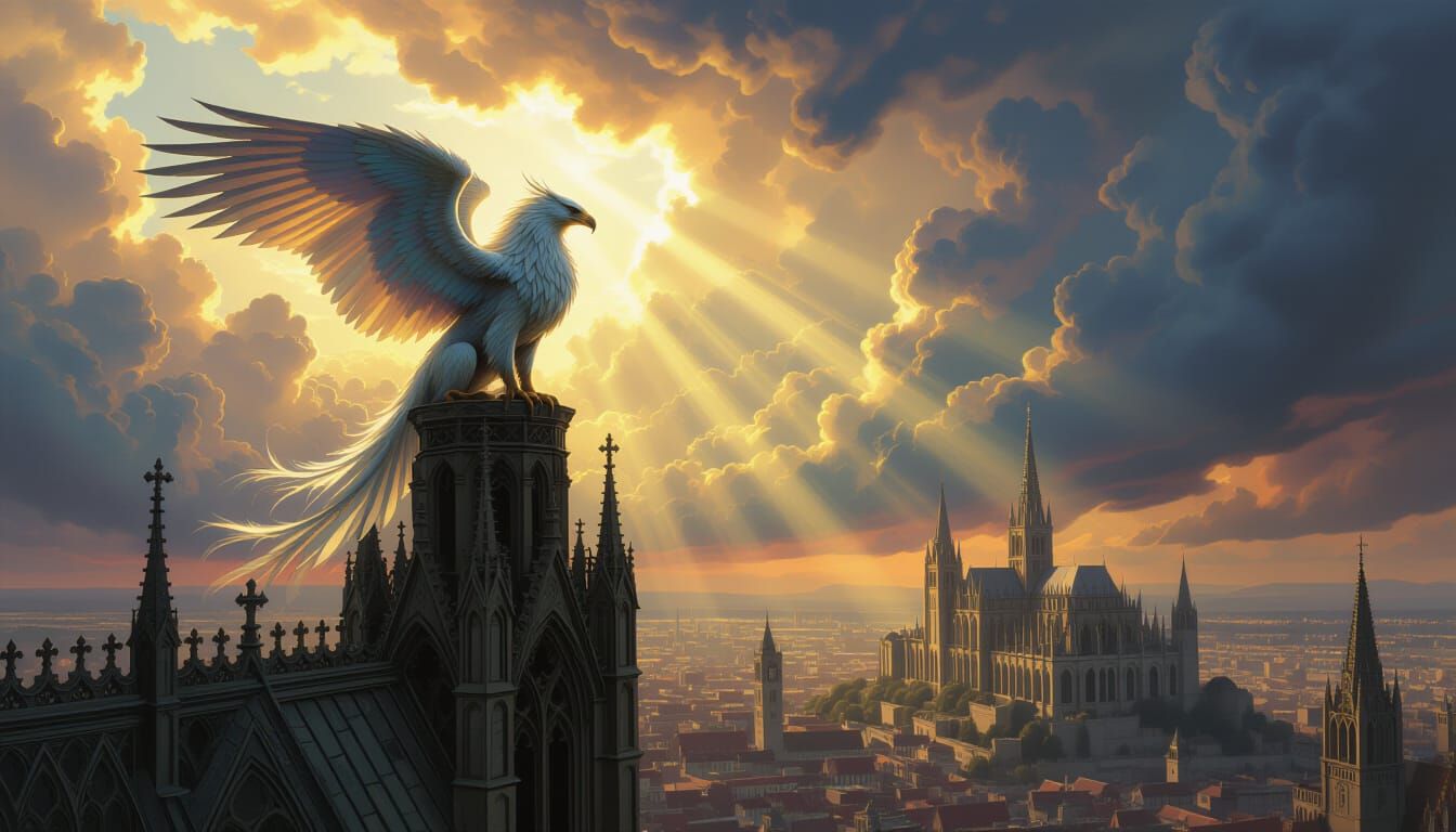 Majestic Griffin on Gothic Spire at Sunset
