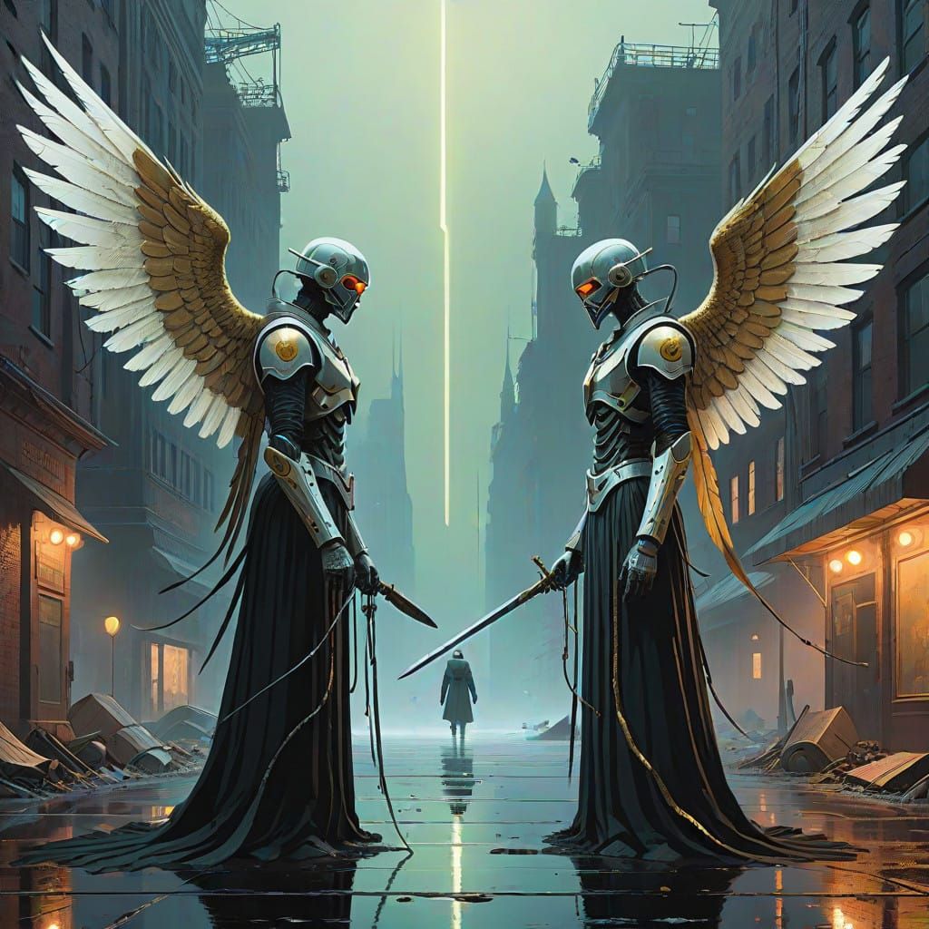 Two angels, One dressed in white and another one in black, with shiny clothes with large wings fighting each other. Make...