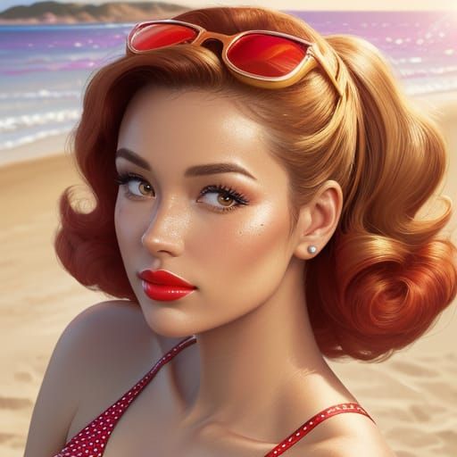 Retro Pin-Up Beauty Shines in Photorealistic Beach Portrait