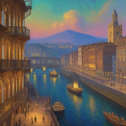 Victorian Harbor Scene in Vibrant Oil Painting Style