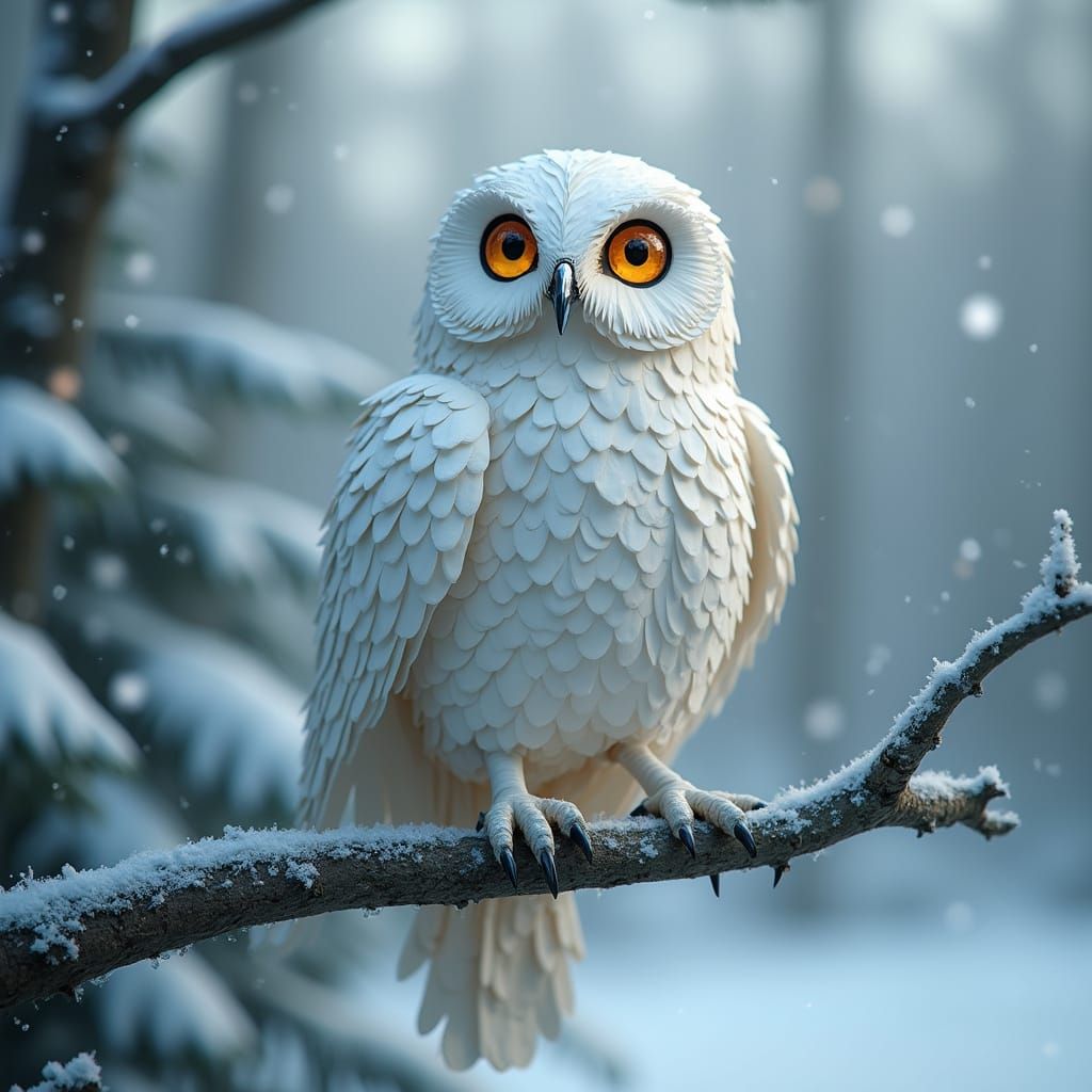 Ethereal Snowy Owl Papercraft Sculpture in Pearlescent White