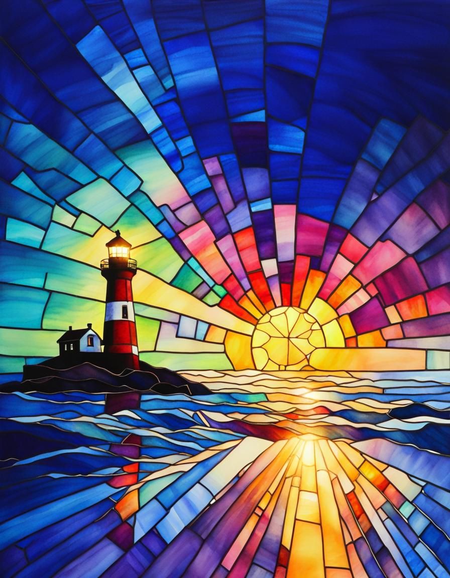 Stained glass watercolor lighthouse