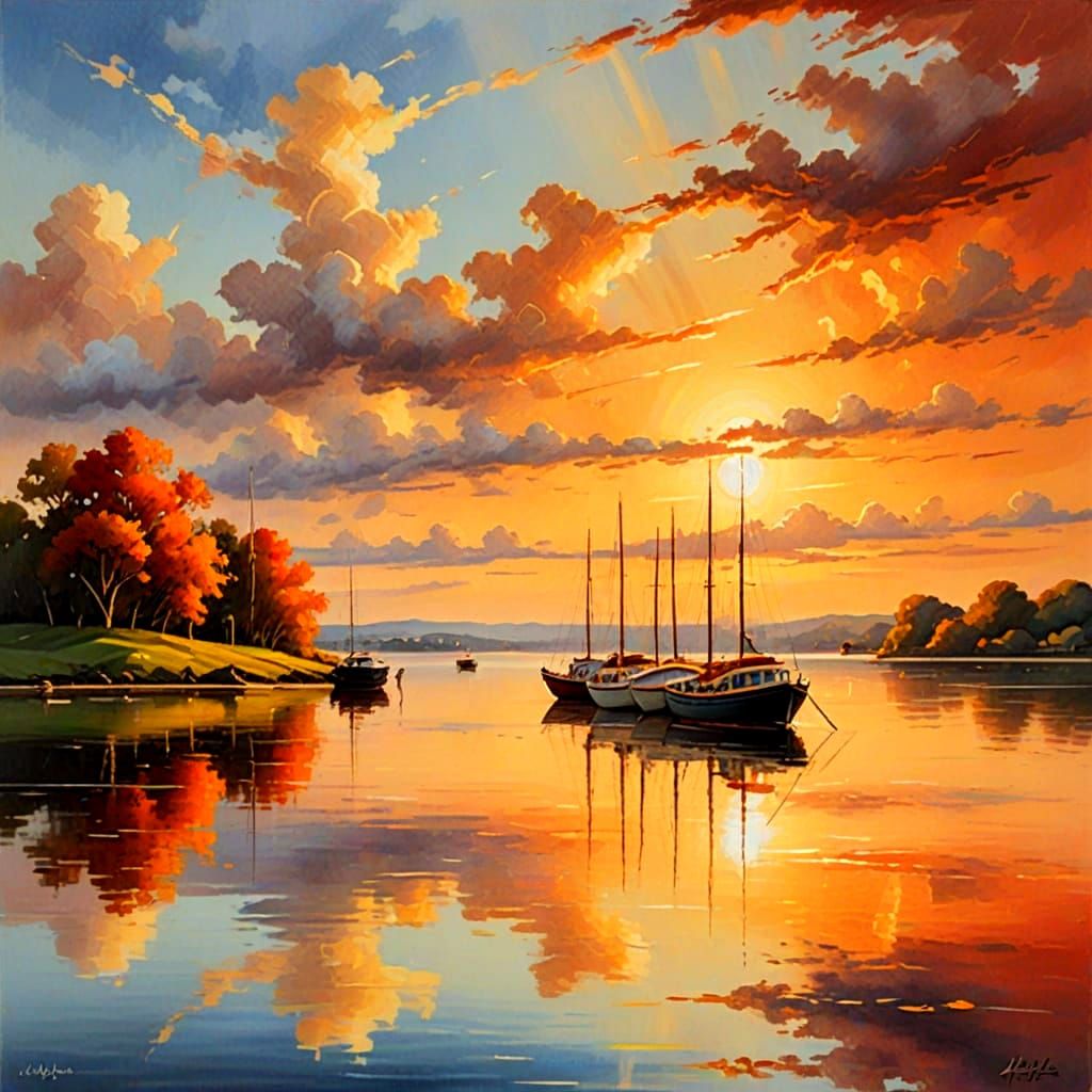 Golden Hour Masterpiece of Boats on Calm Waters