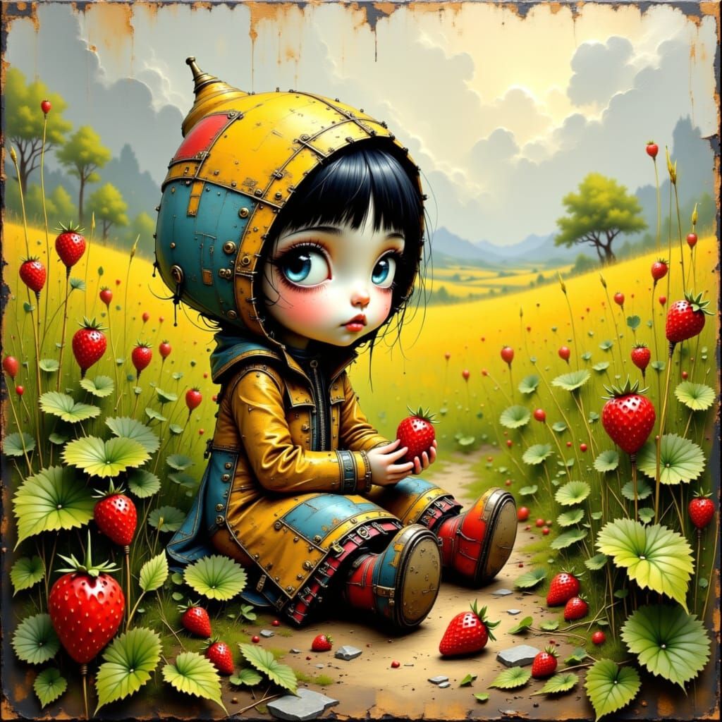 Whimsical Doll in Cherry Field, Impasto Oil Painting