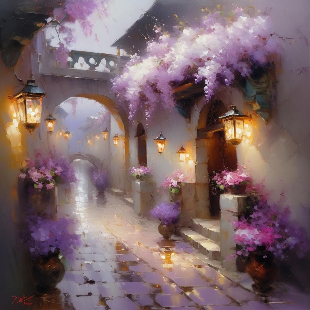 Floral Oil Painting with Lilac and Sakura