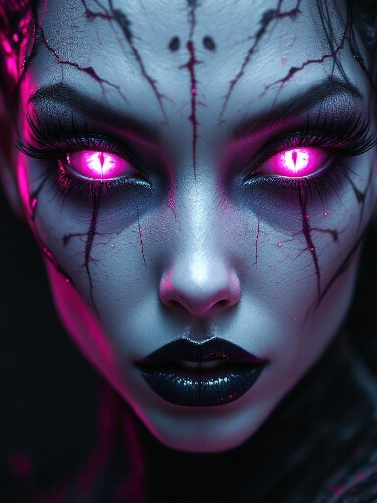 Demonic Portrait with Glowing Eyes in Surreal Style