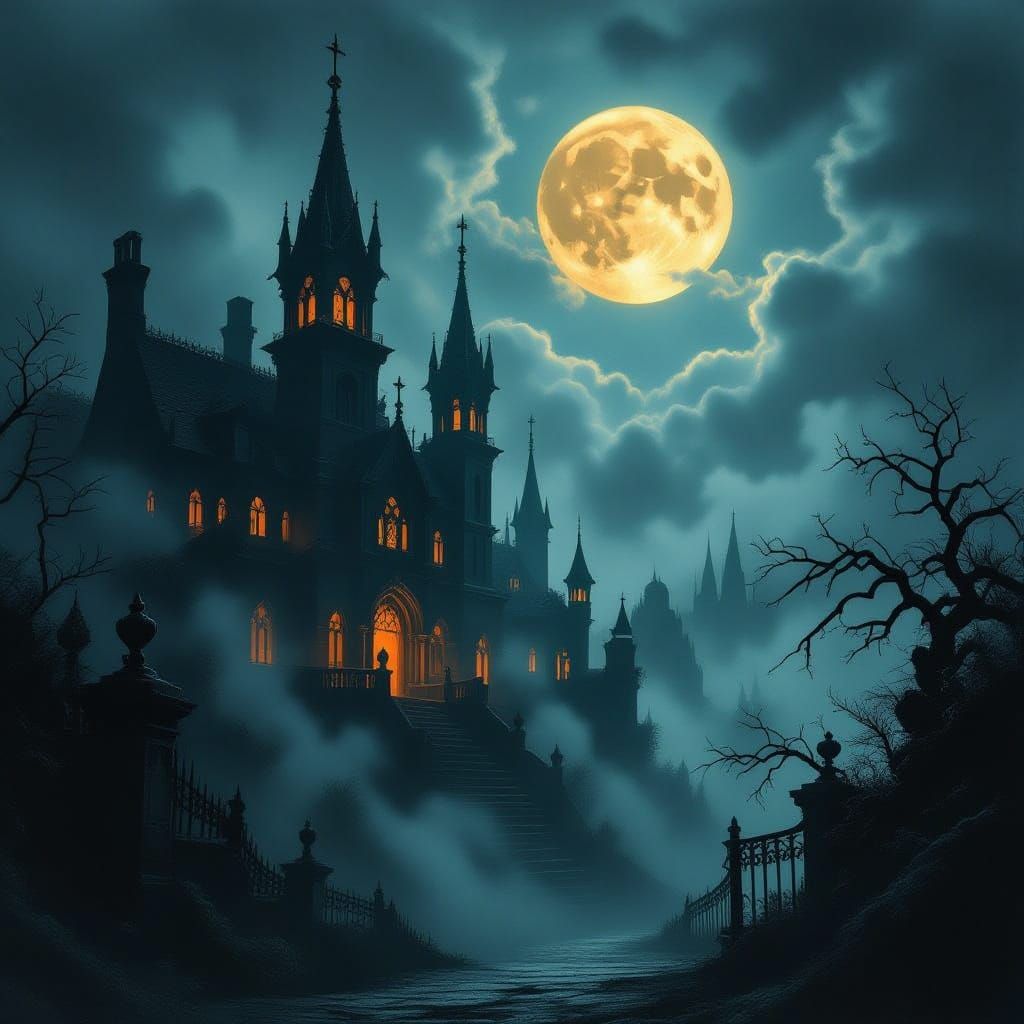 Dark Fantasy Halloween Scene with Gothic Architecture