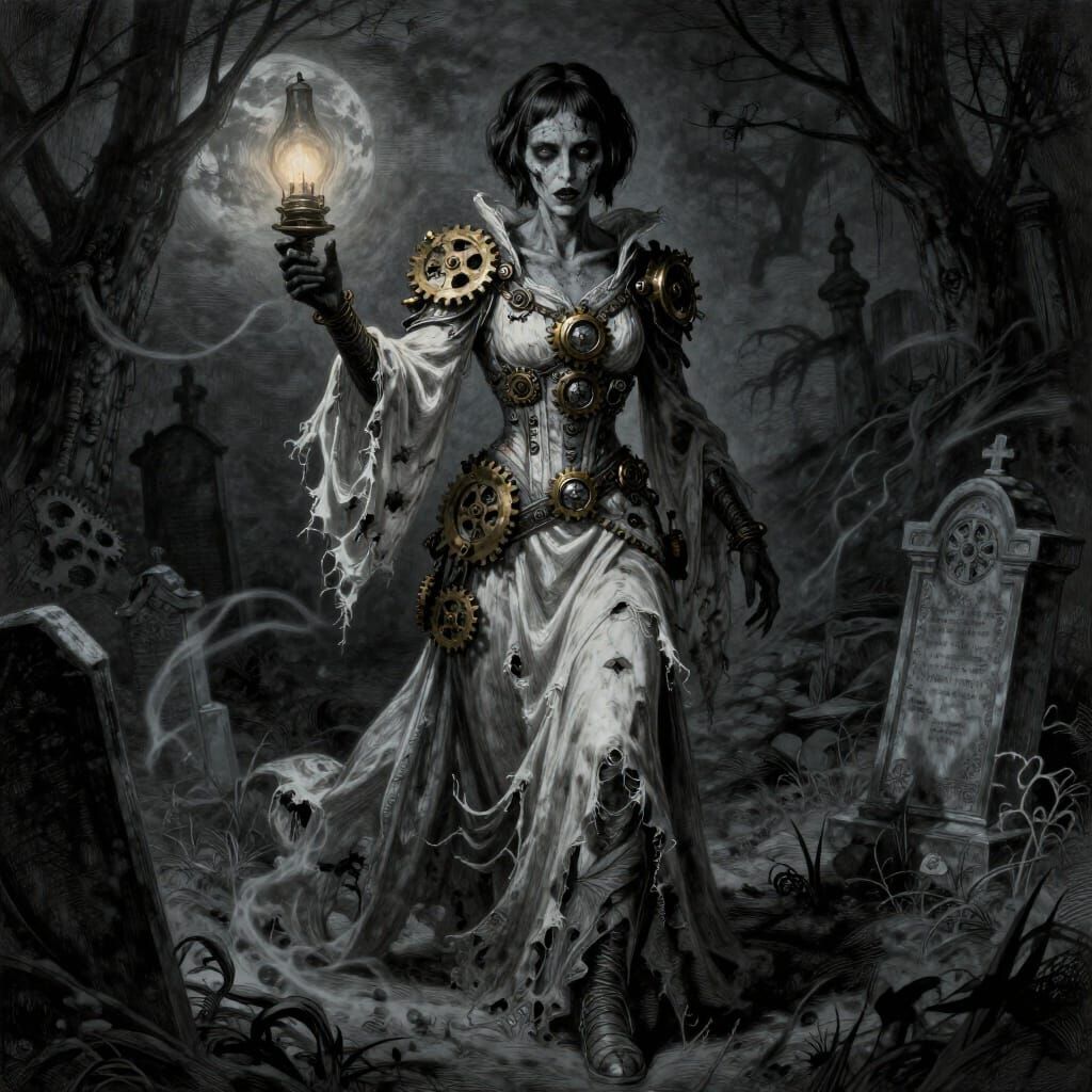 Steampunk Gothic Zombie Princess in Moonlit Graveyard