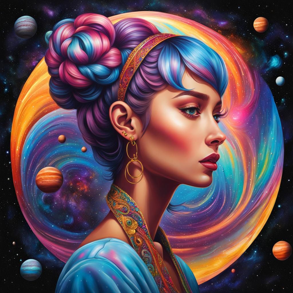 Cosmic Galaxy Girl in Surreal Graffiti Art