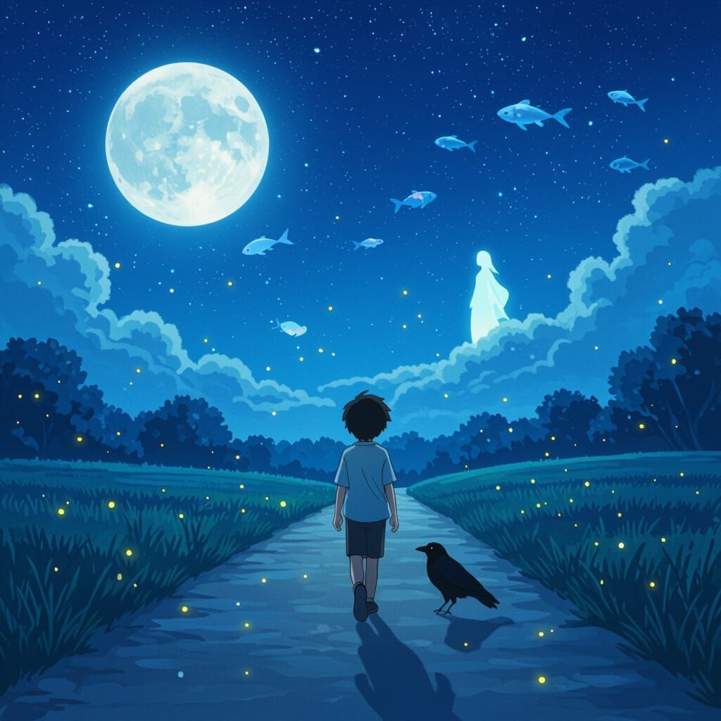 Anime Style Dreamlike Night Path with Ethereal Guide