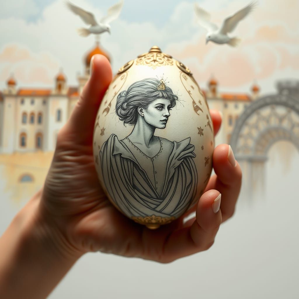 Elegant Egg with Engraved Figure and Regal Palace Scene