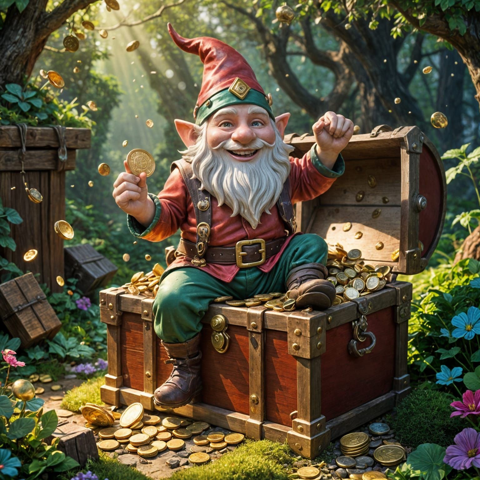 Joyful Gnome Hoarding Treasure in Enchanted Forest