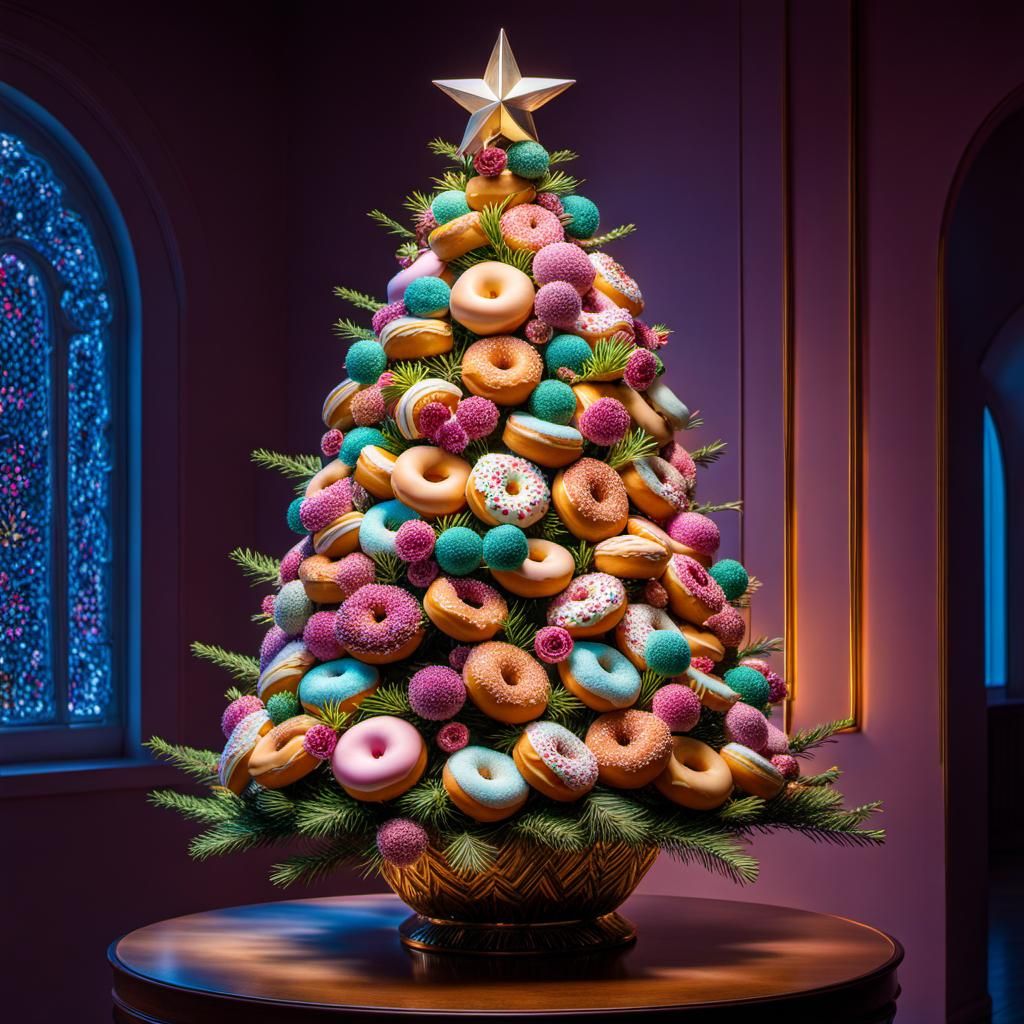 Doughnut-Decorated Ikebana Christmas Tree in Pastel Colors