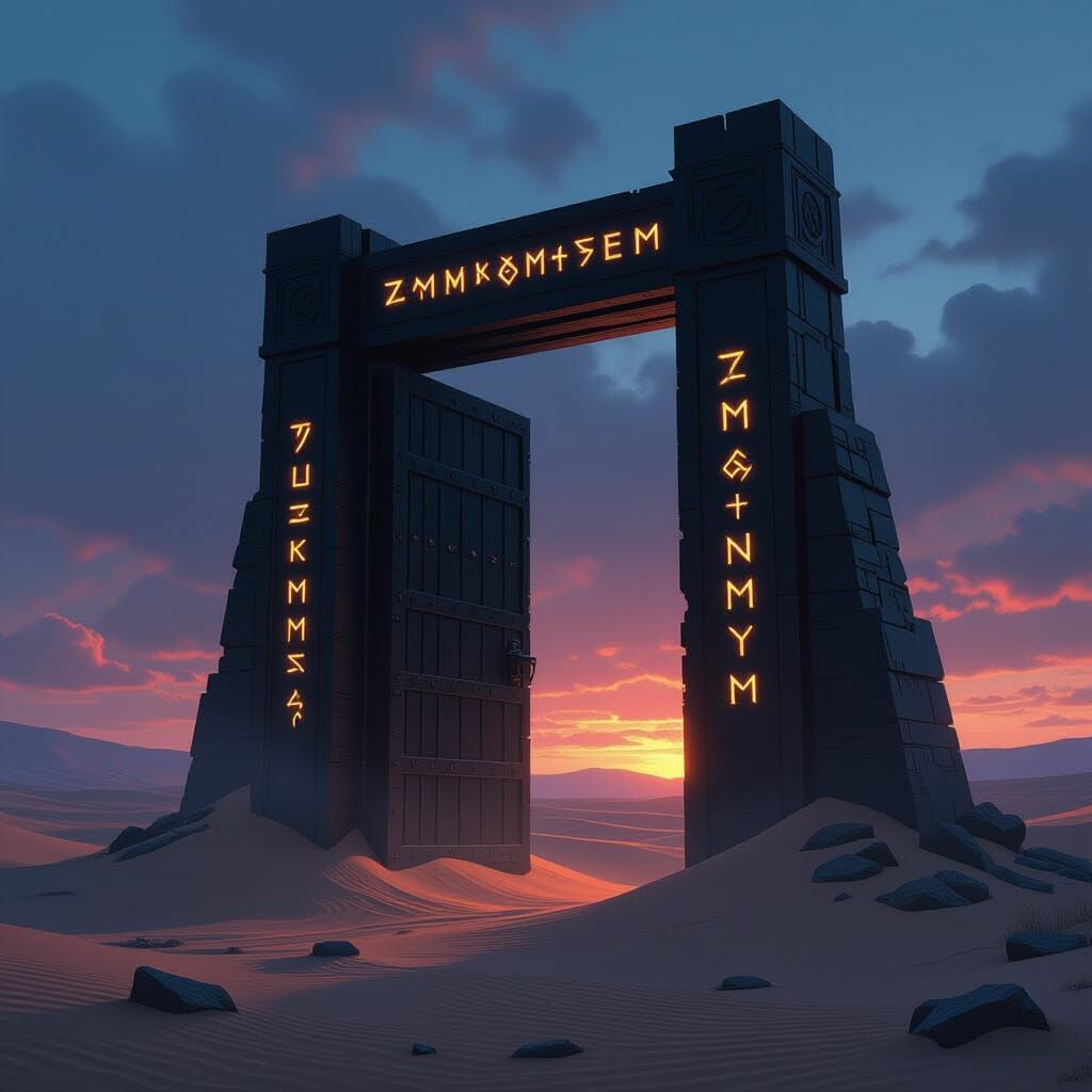Colossal Rune Gate in Desert, Dark Fantasy Concept Art