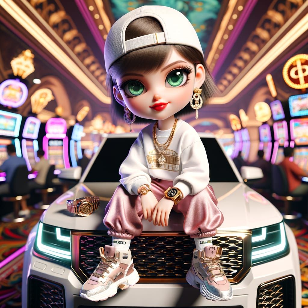 Hyperrealistic Chibi Woman in Luxury SUV at a Bustling Casin...