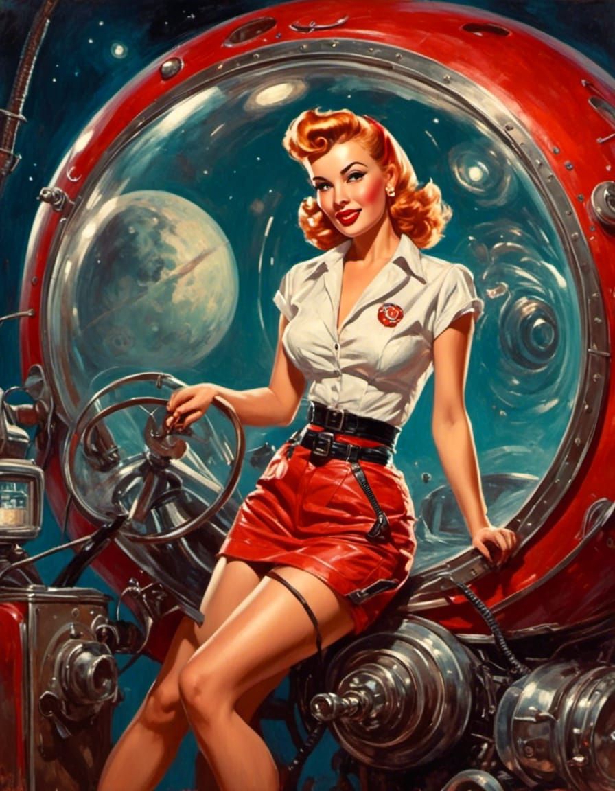 Retro Sci-Fi Pinup Girl with Spacecycle, Cyberpunk Style