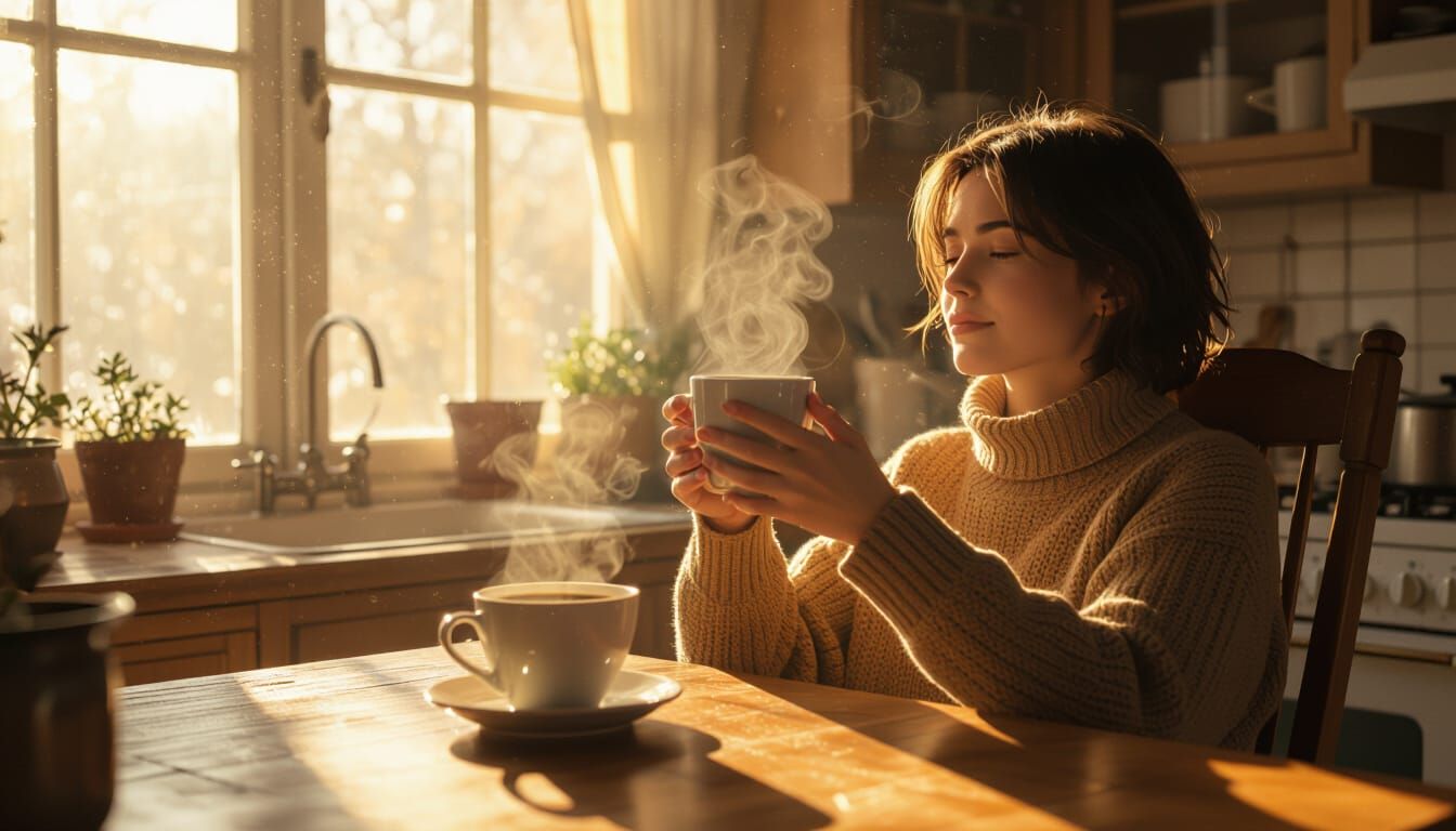 Cozy Morning Coffee in a Sunlit Kitchen