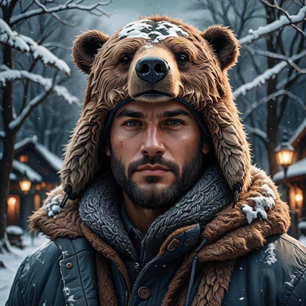 Man Wears Bear-Faced Fur Hat in Winter Wonderland