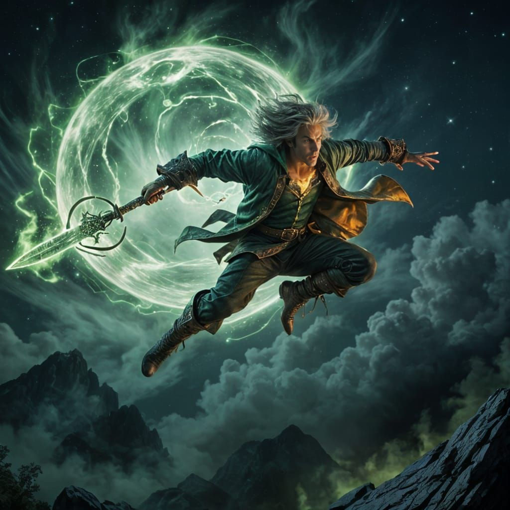 Rogue Sorcerer Leaping with Flaming Sword