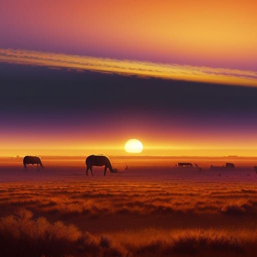 Savanna Wildlife at Golden Hour Digital Matte Painting
