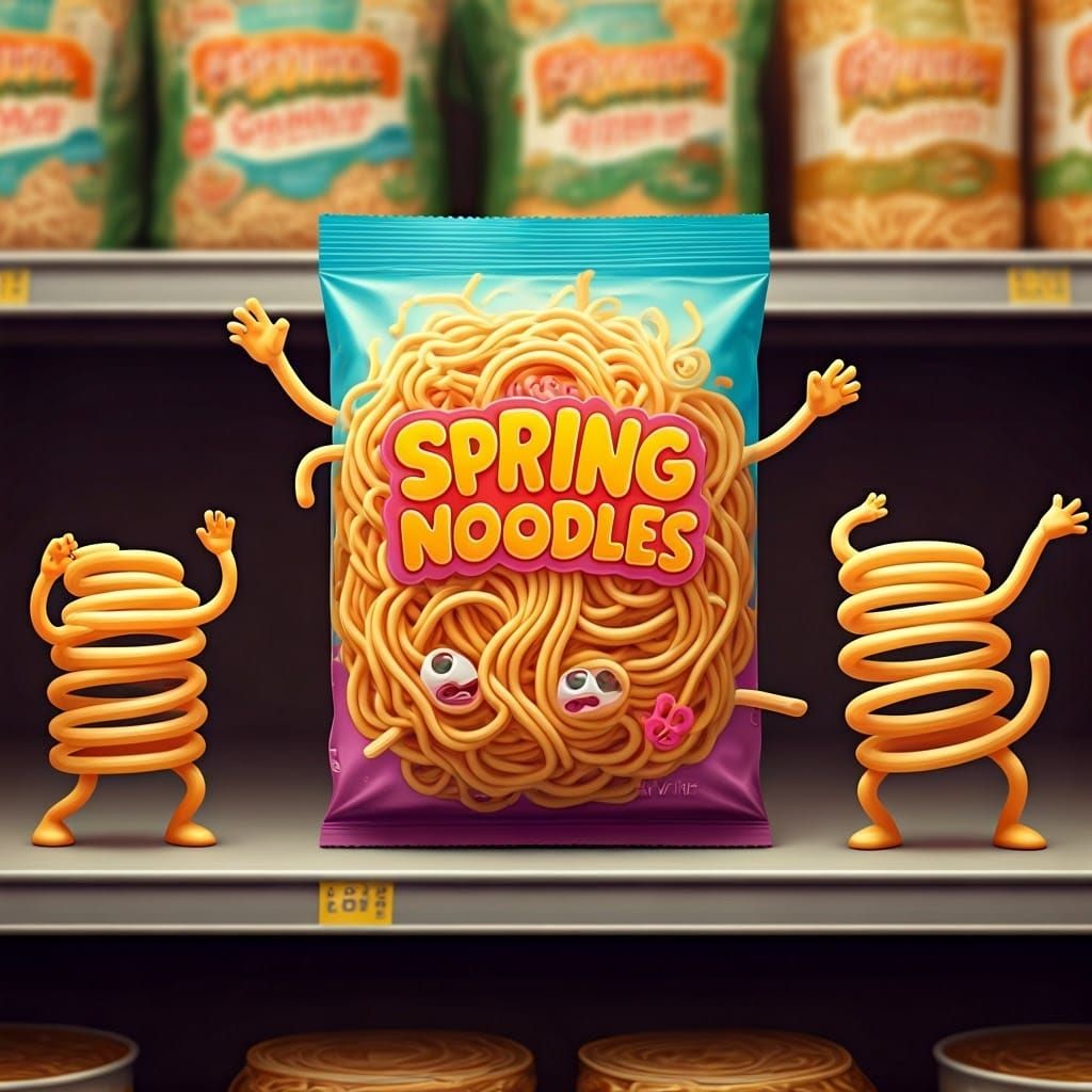 Whimsical Spring Noodles Supermarket Scene