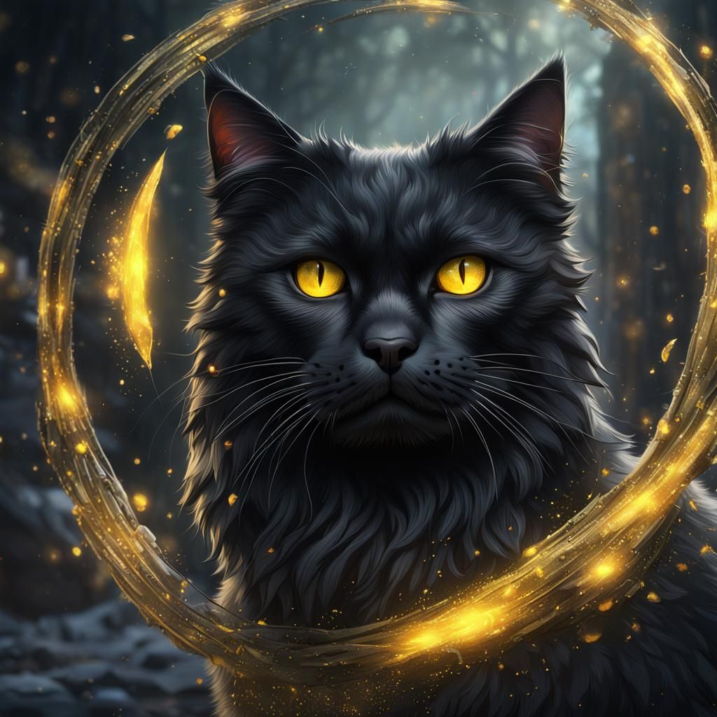 Furry Black Cat with Yellow Eyes: Fantasy Art