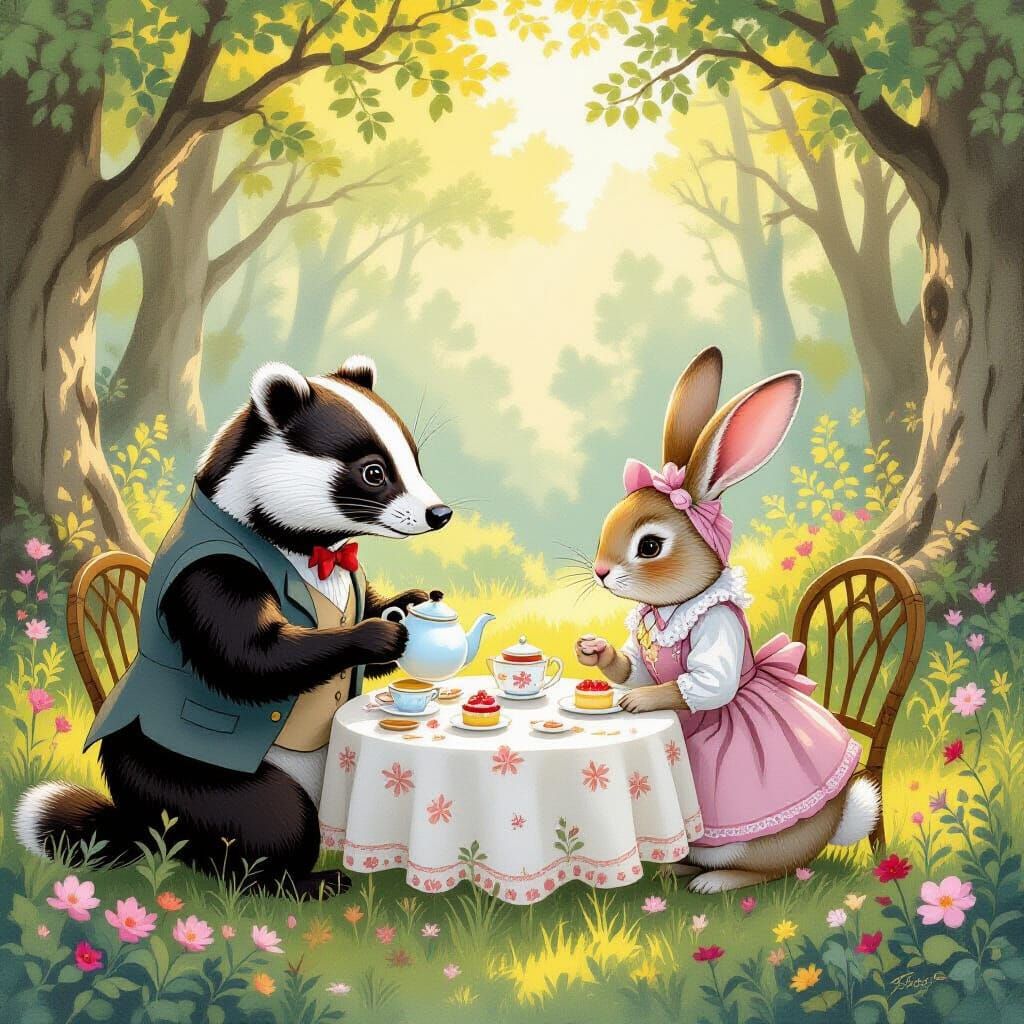 Woodland Tea Party with Animals in Storybook Style