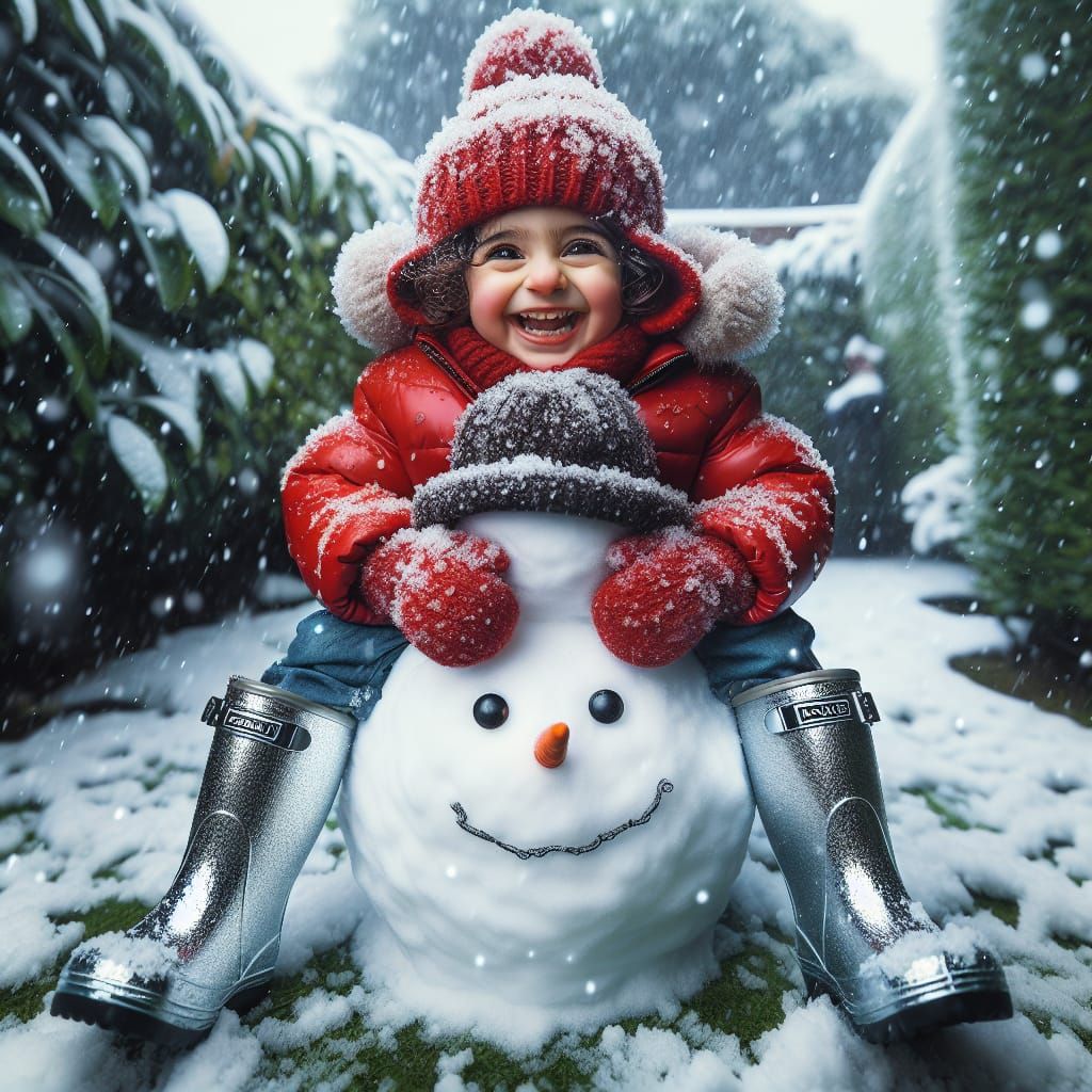 Snowman Child in Winter Garden Scene