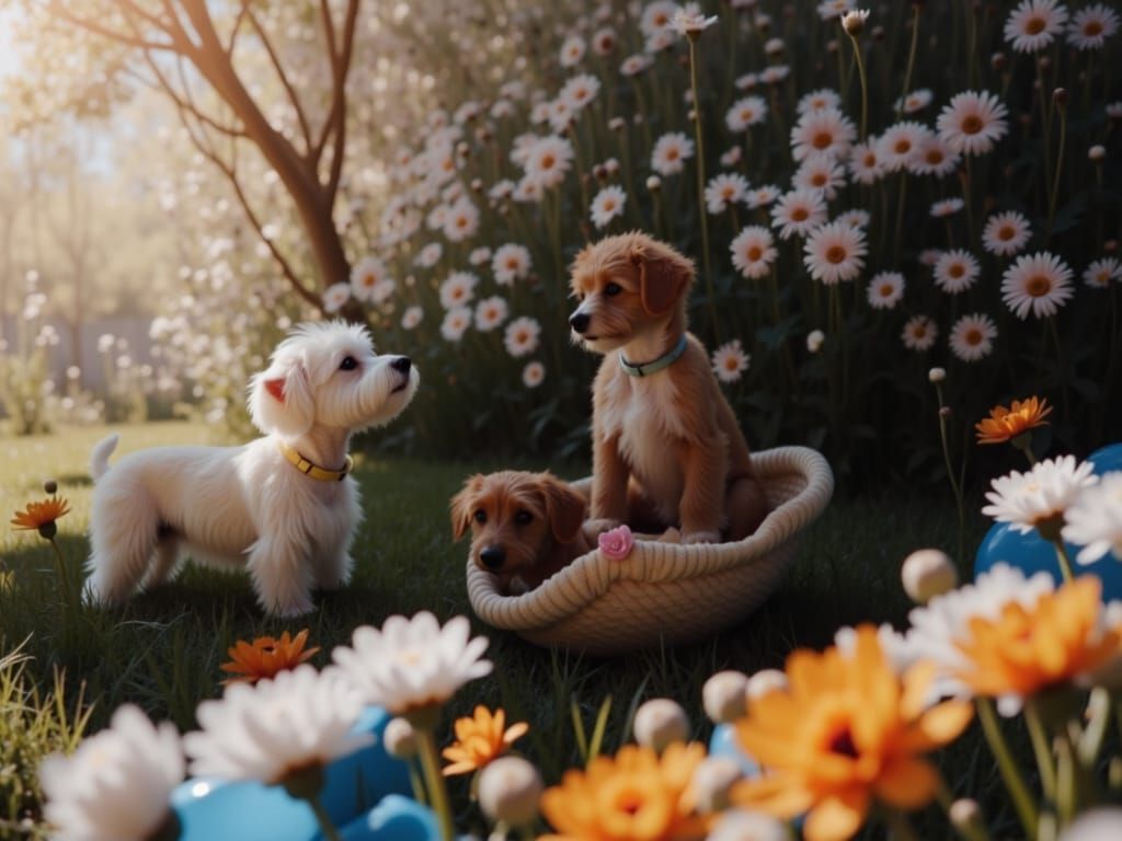 Cute Dogs Play in Sunny Garden in Impressionist Style