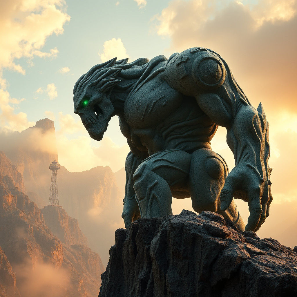 Colossal Stone Titan Surveys Ancient Valley