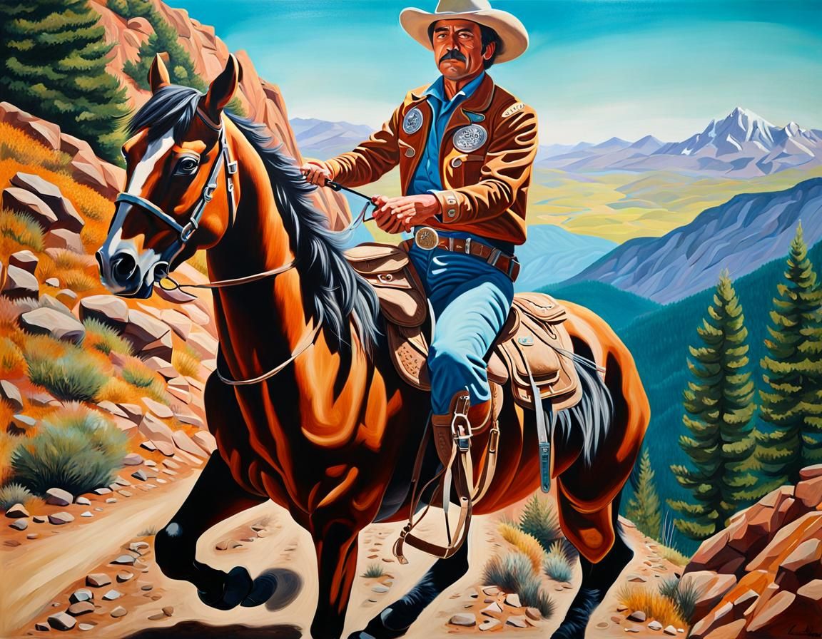 Cowboy on Mountain Trail in Pop Art Style