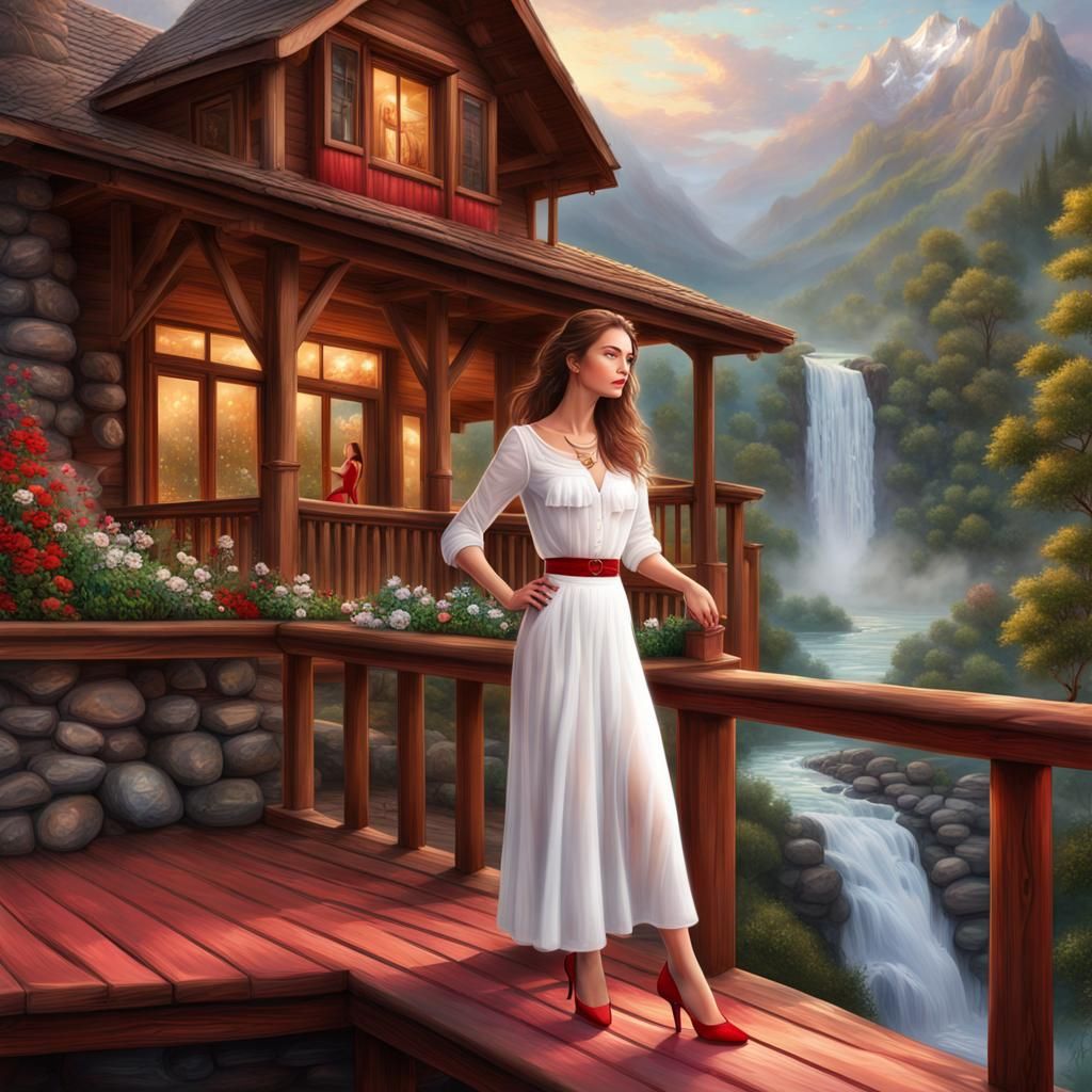 Woman on Mountain Veranda in Ethereal Fantasy Style