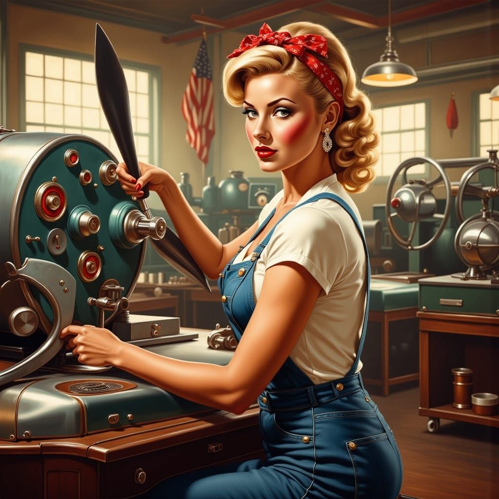 1950s Woman Works in Airplane Factory, Rosie the Riveter Sty...