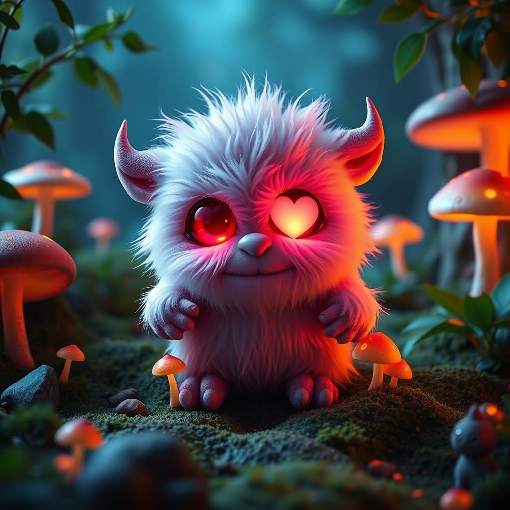 Whimsical Baby Monster with Glowing Mushrooms in Dreamlike L...