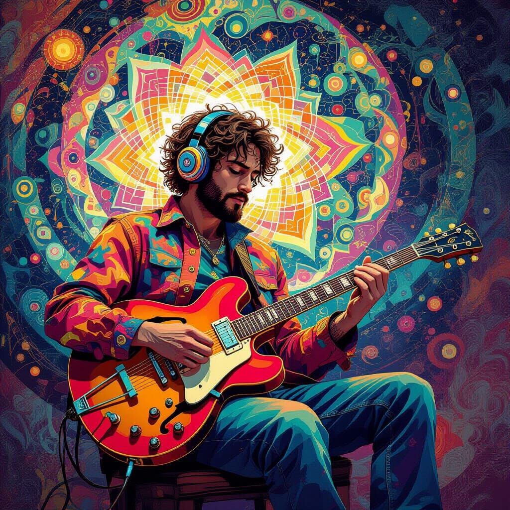 Psychedelic Musician with Kaleidoscope Patterns