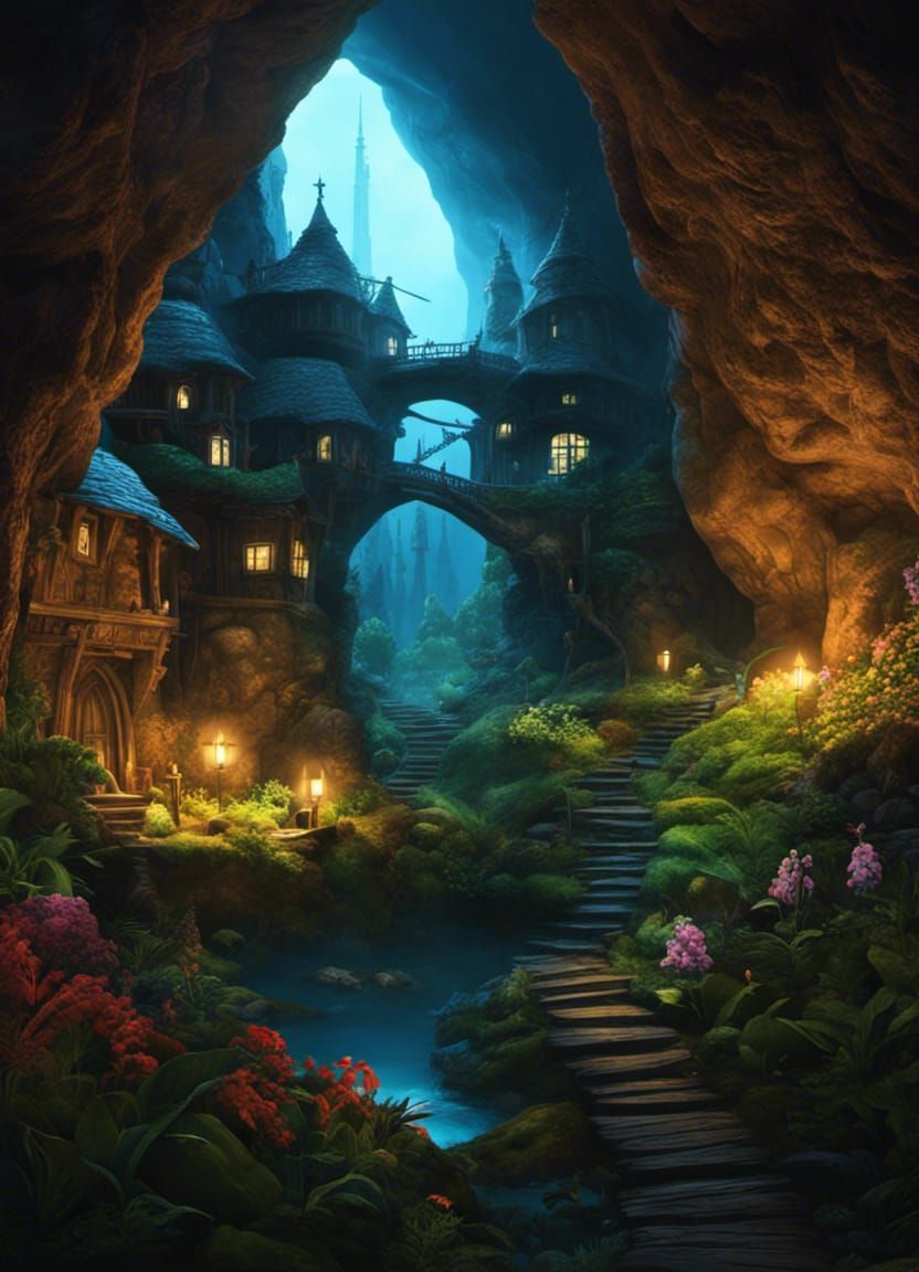 Eldritch Cave Village Illuminated by Bioluminescence