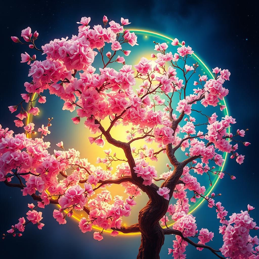Ethereal Cherry Trees in Bloom: A Neon-Accented Dreamscape