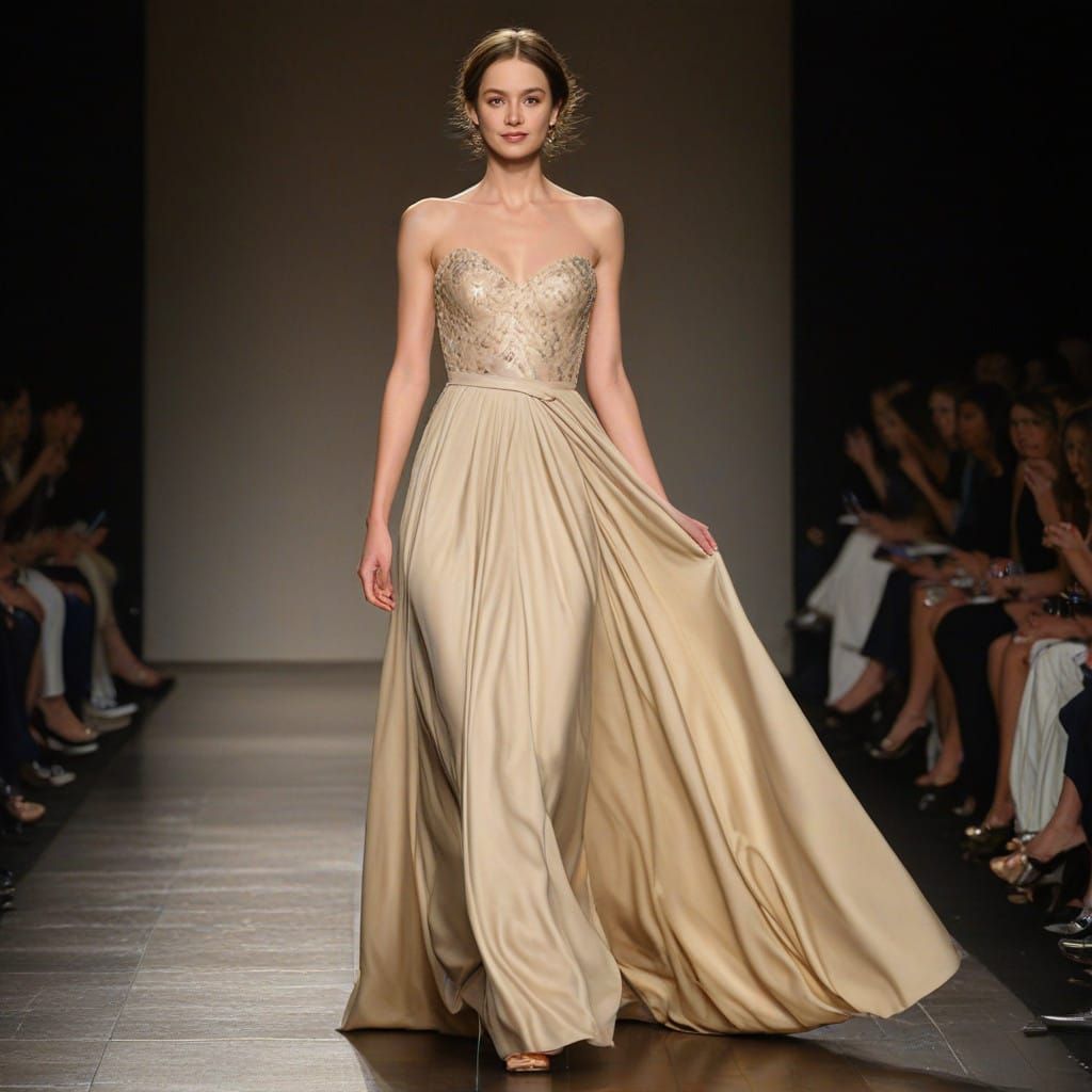Classic Beauty Strides Down the Catwalk in Elegant Beige Gow...