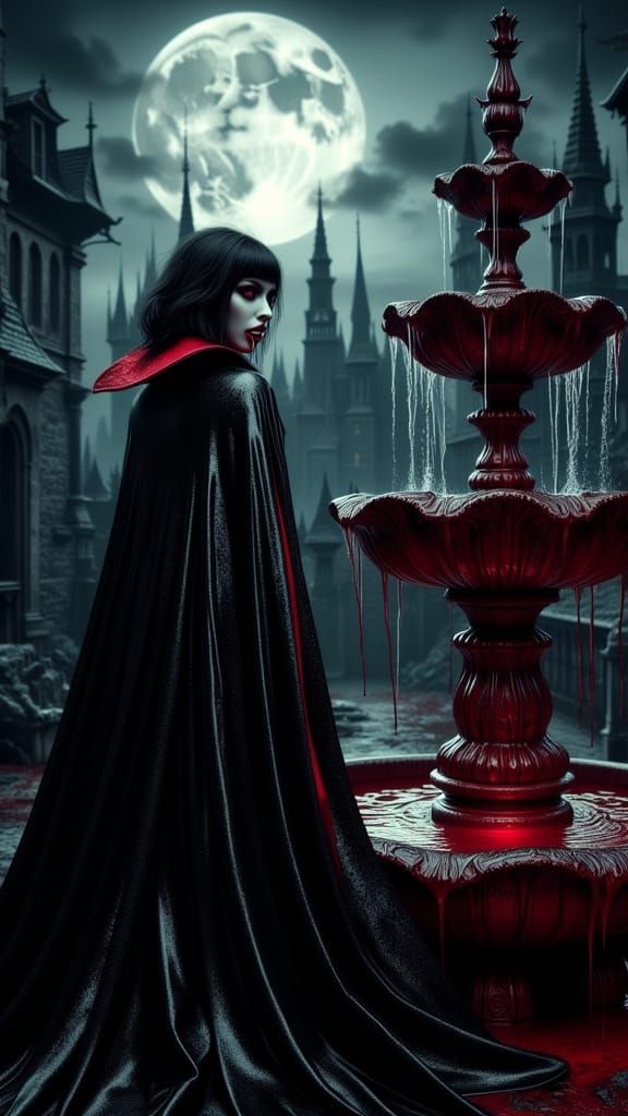 Gothic Vampire Gazing at Blood Fountain