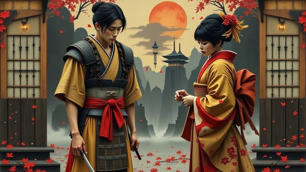 Ancient Japan Samurai and Geisha Scene in a Whimsical Art St...