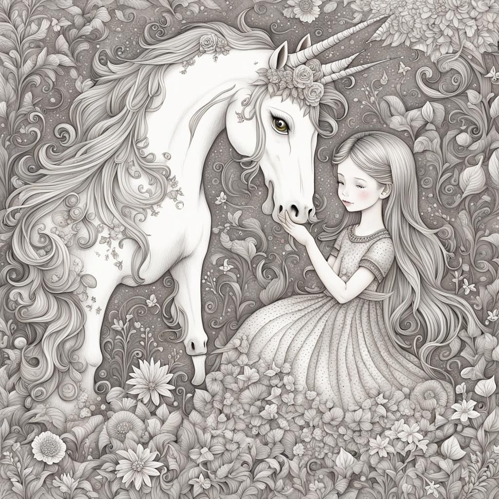 Girl Petting Unicorn in Whimsical Fantasy Setting