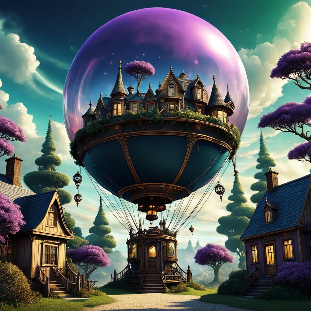 Steampunk Balloon Ascending from Stargate in Surreal Art