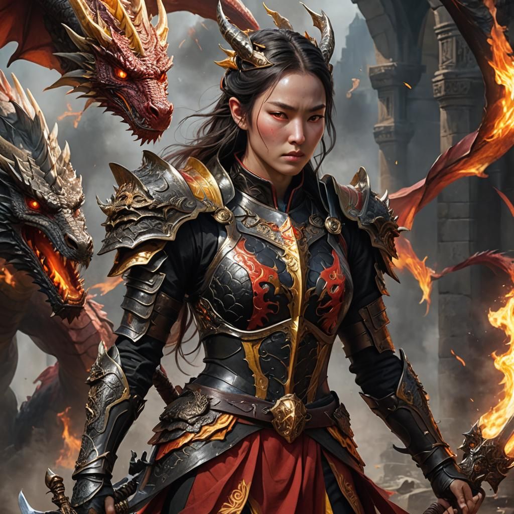 Dragon Woman Warrior with Flaming Sword