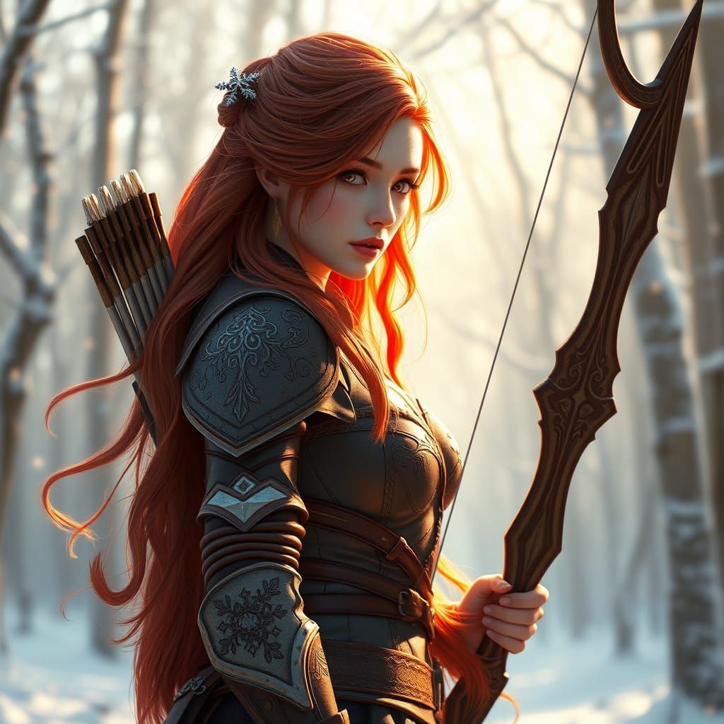 Ethereal Red-Haired Archer in Snowy Forest